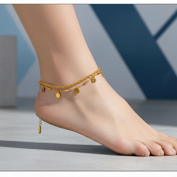 Gold anklet on a foot against a neutral background