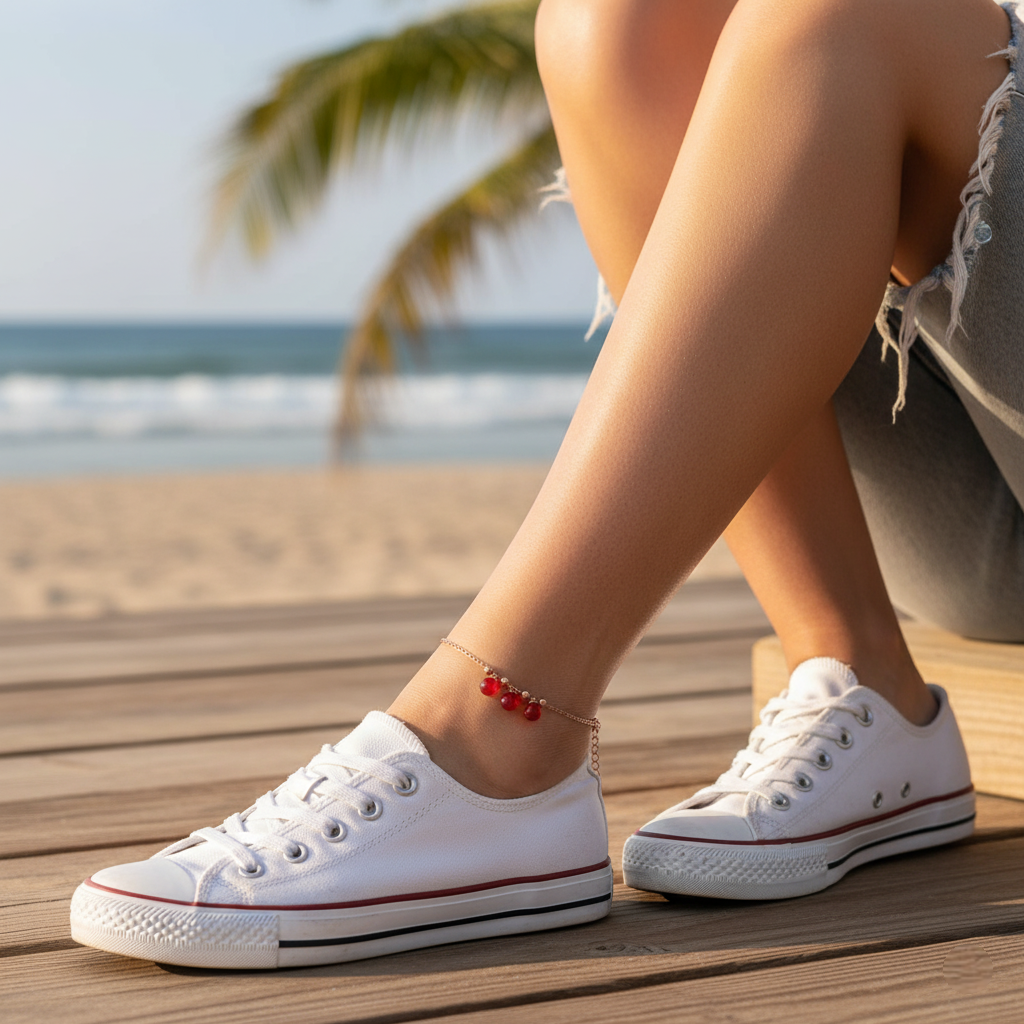 An anklet with red beads and a gold chain worn by a person sitting on a wooden deck by the beach.