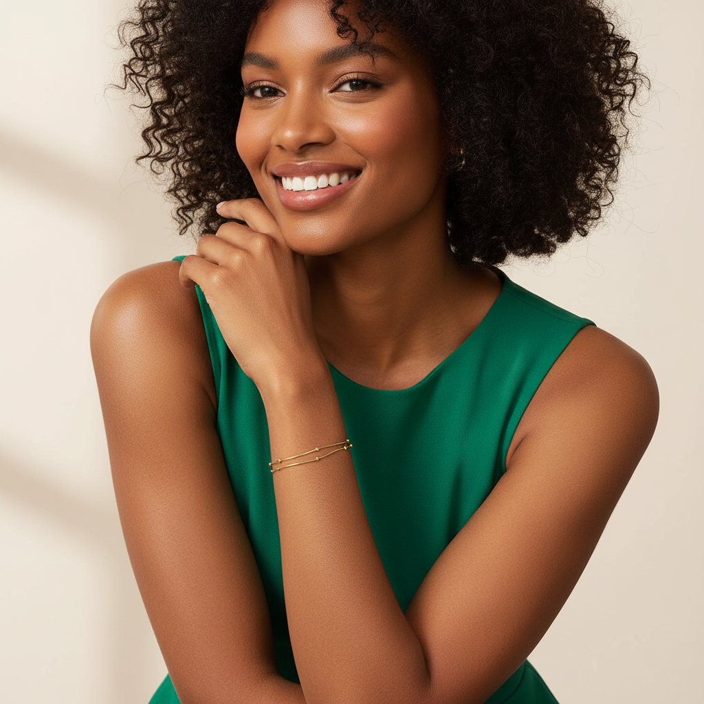 Woman wearing a green dress against a beige background
