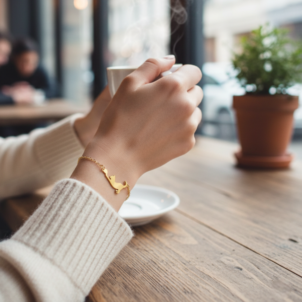 Person holding a steaming cup of coffee in a cafe setting with a Gold bracelet with a cat-shaped
