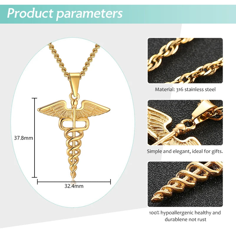 Gold caduceus pendant necklace with measurements and material details on a white background