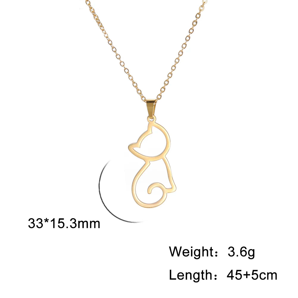 Gold cat-shaped pendant necklace with measurements on a white background