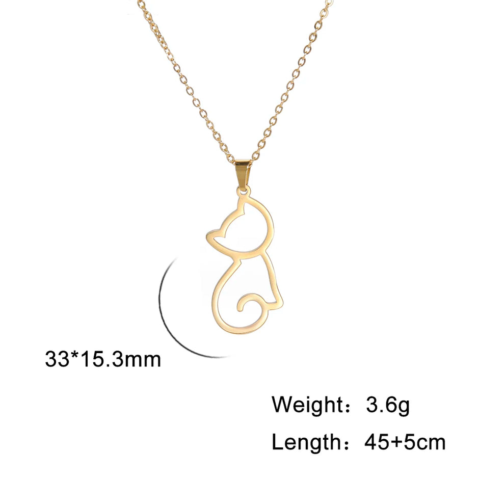 Gold cat-shaped pendant necklace with measurements on a white background