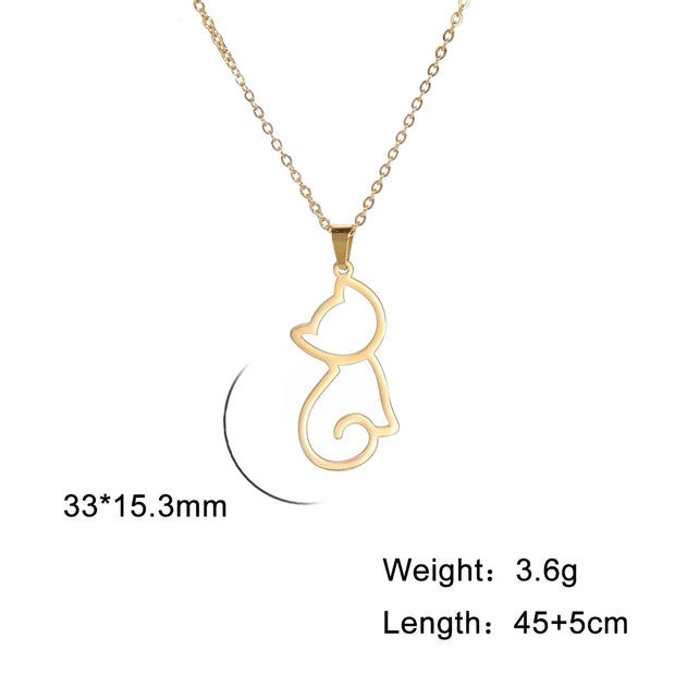 Gold cat-shaped pendant necklace with measurements on a white background