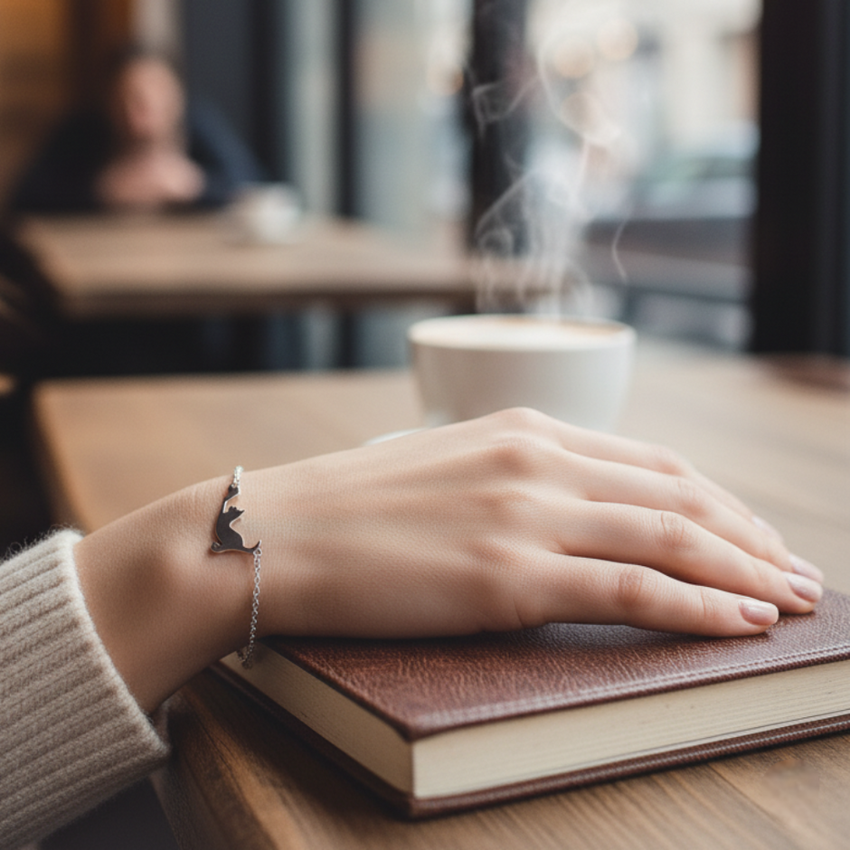 Hand resting on a book with Gold bracelet with a cat-shaped