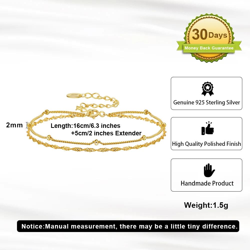 Gold chain bracelets with product details on a white background