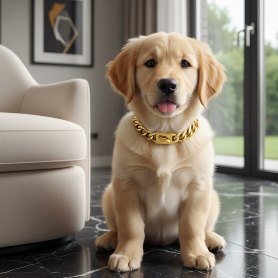 Dog wearing a gold chain collar sitting on a marble floor in a modern living room.