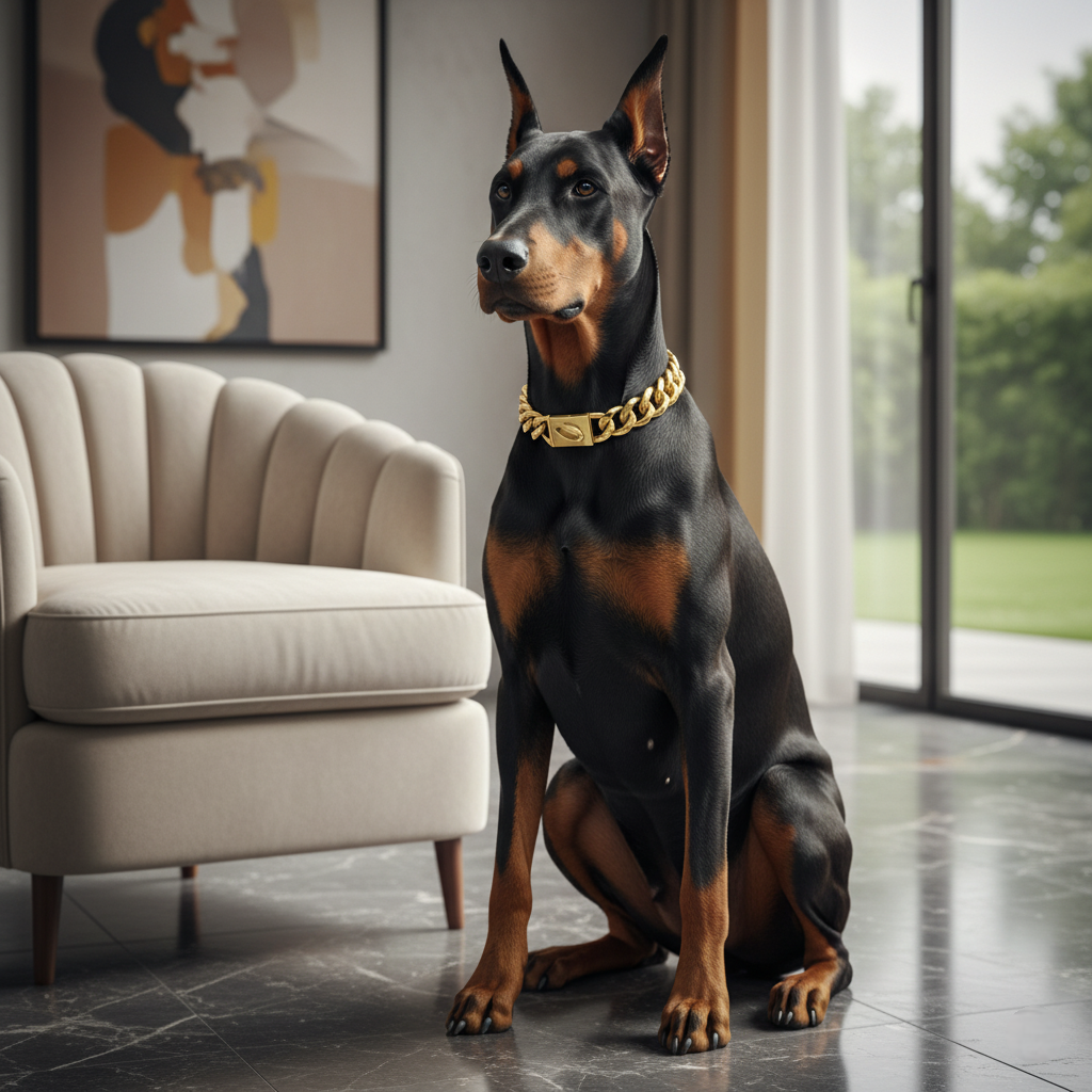 Doberman pinscher sitting in a modern living room with a gold collar.