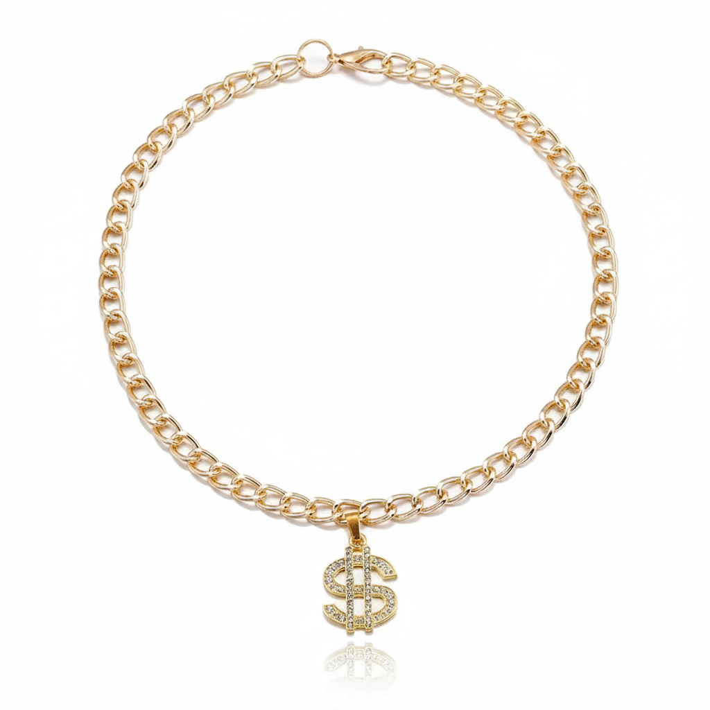 Gold chain necklace with a dollar sign pendant on a white background