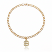 Gold chain necklace with a dollar sign pendant on a white background