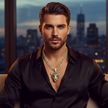 Man wearing a black shirt and gold chain necklace with a cityscape in the background