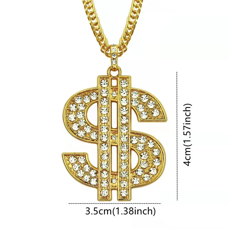 Gold dollar sign pendant with clear stones and chain, shown with measurements on a white background.