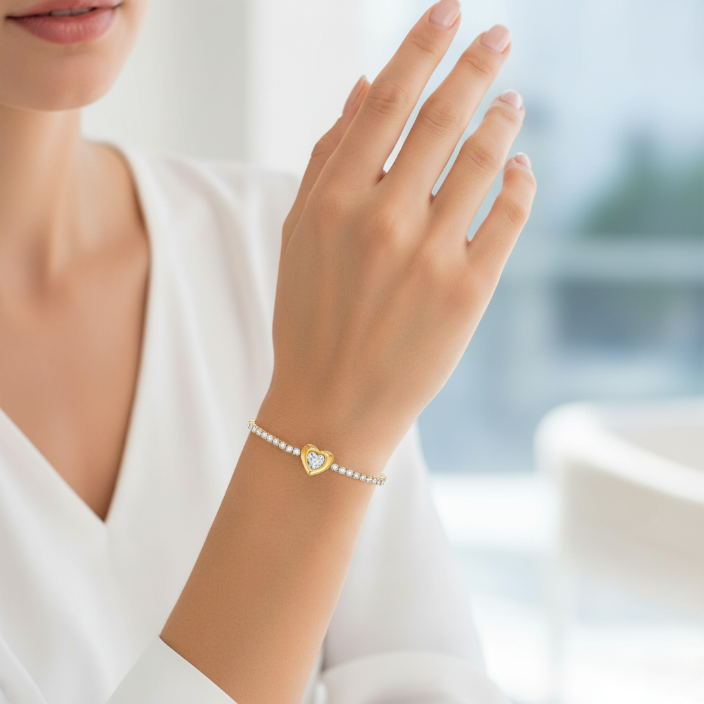 Woman wearing a bracelet with a heart charm on a blurred background