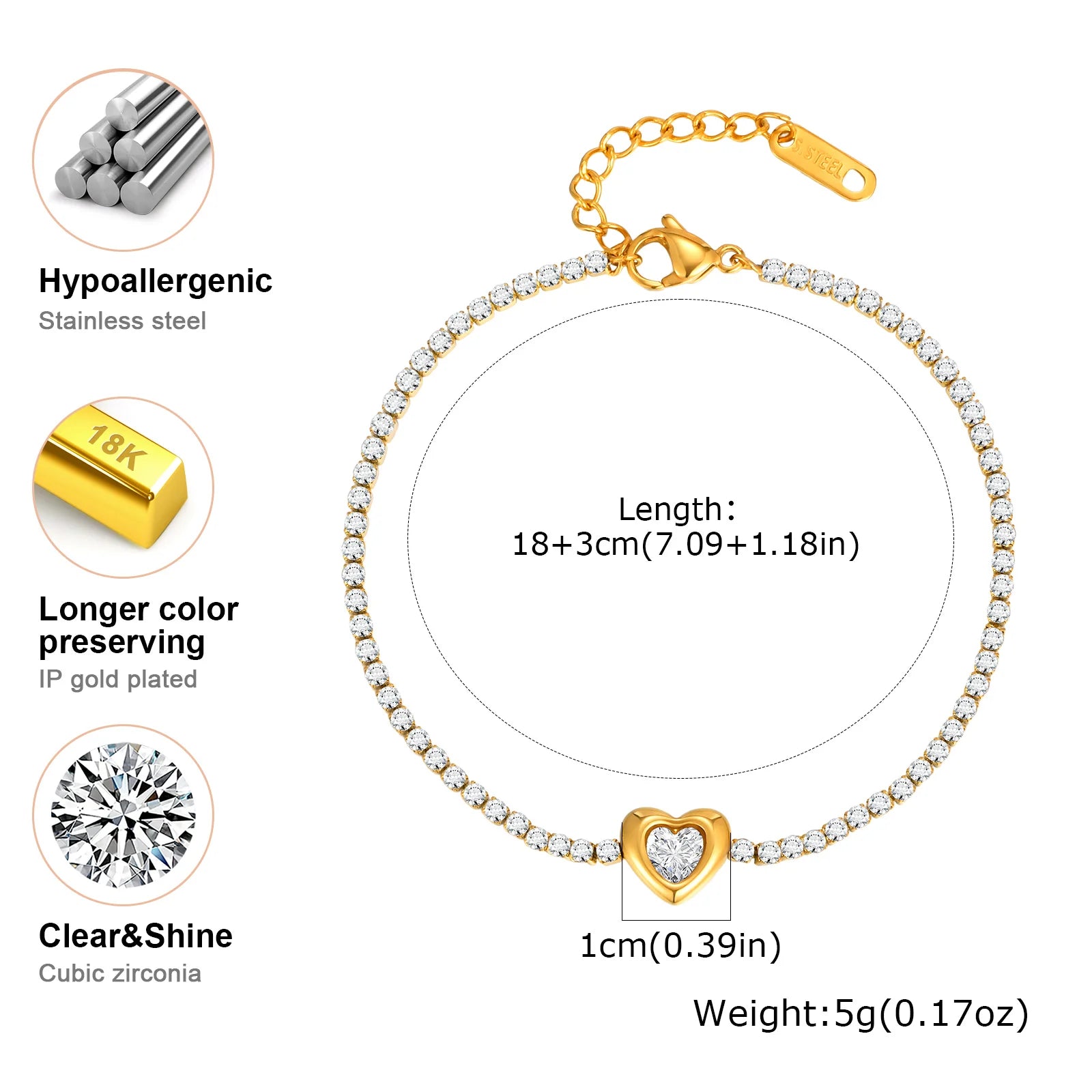 Gold bracelet with heart charm and product details on a white background
