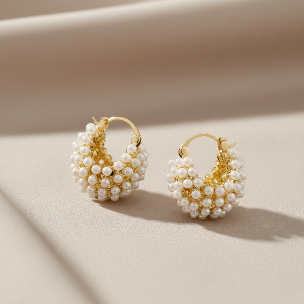 Gold hoop earrings with pearl-like beads on a beige background