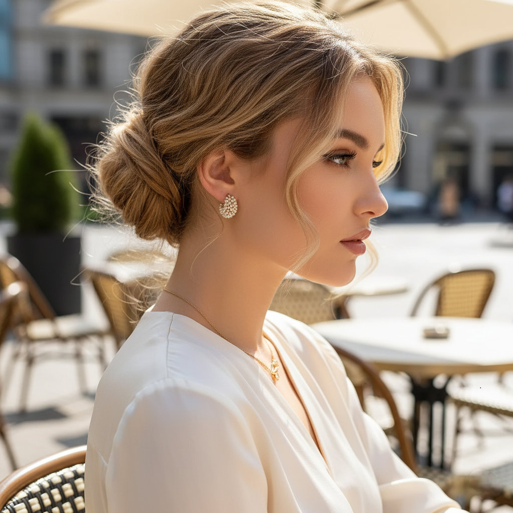 A woman with a pair of gold-plated hoop earrings featuring multiple layers of white faux pearls. 