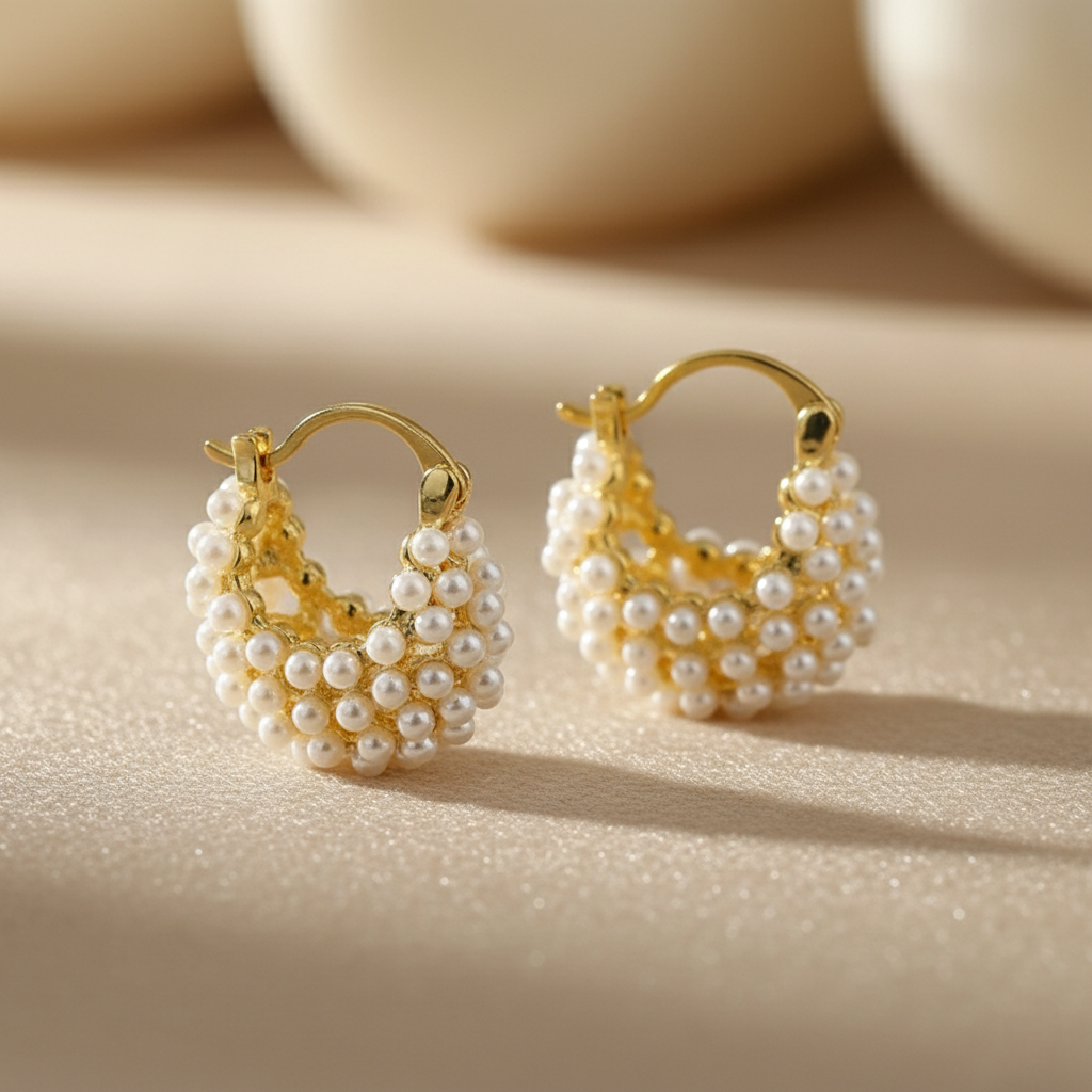 Gold hoop earrings with pearl beads on a beige background