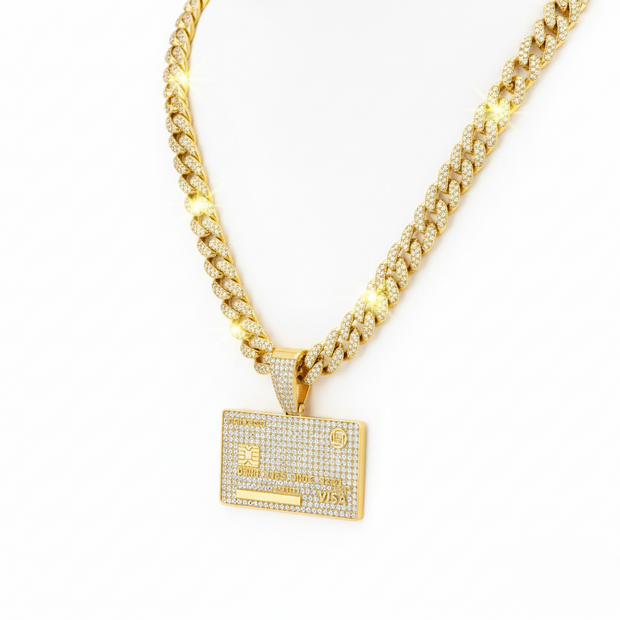 Gold necklace with a diamond-encrusted rectangular pendant on a white background