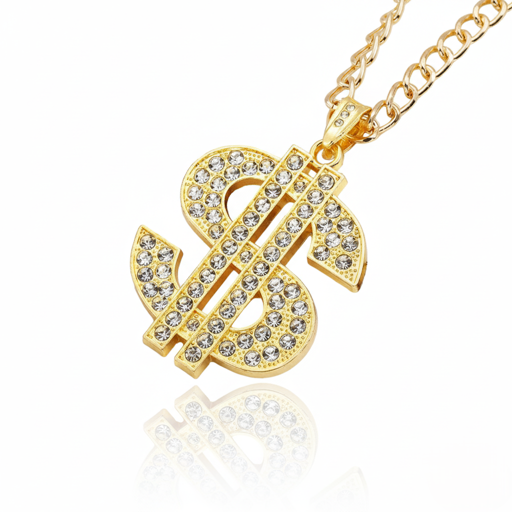 Gold necklace with a dollar sign pendant on a white background