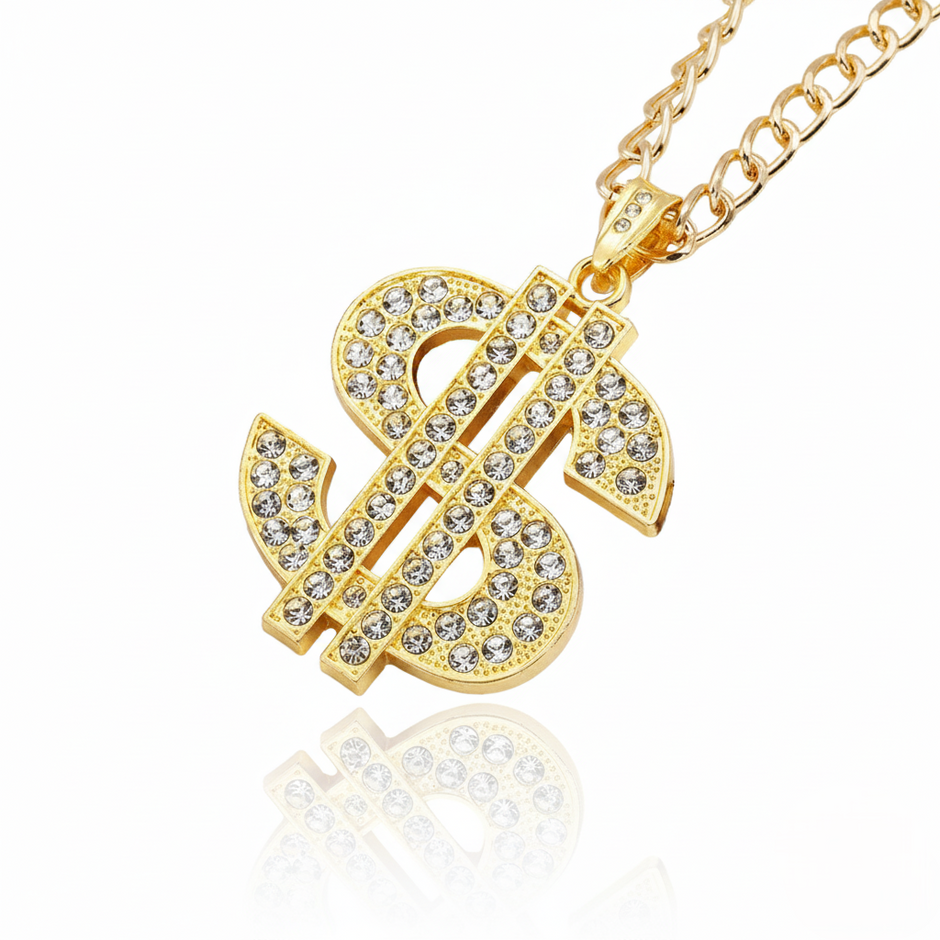 Gold necklace with a dollar sign pendant on a white background
