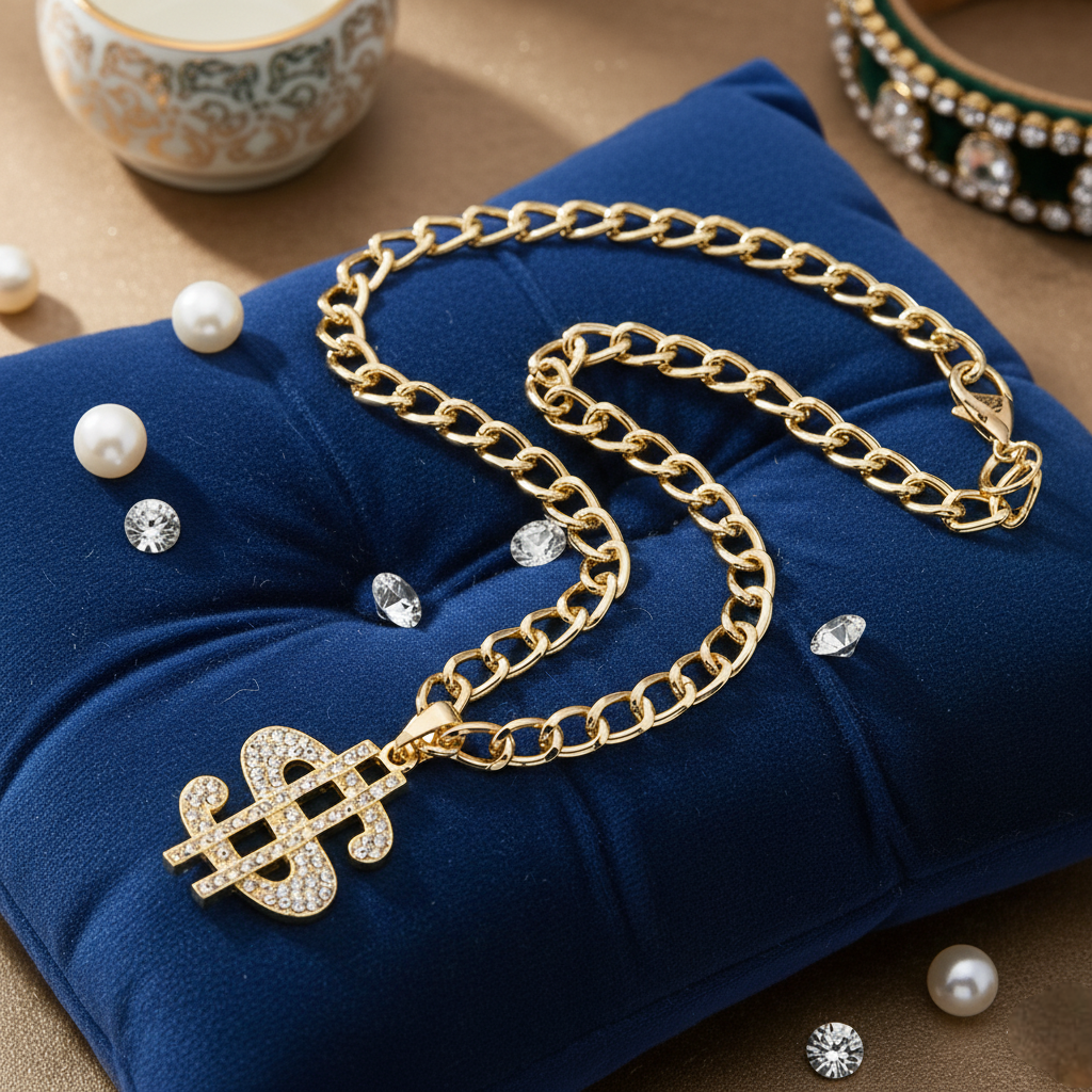 Gold necklace with a dollar sign pendant on a white background