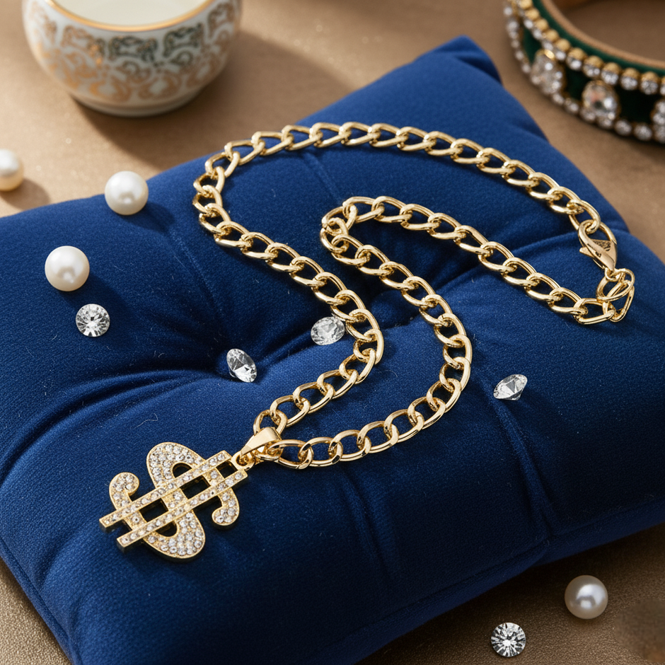 Gold necklace with a dollar sign pendant on a white background