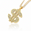 Gold necklace with a dollar sign pendant on a white background