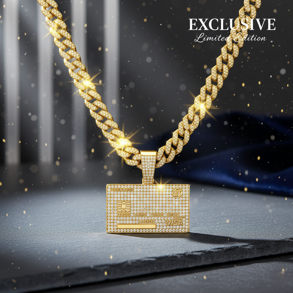 Gold necklace with a diamond-encrusted pendant on a dark background