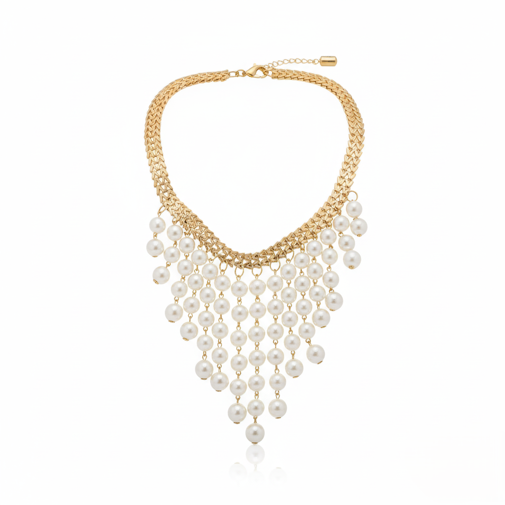 Gold necklace with pearl fringe on a white background
