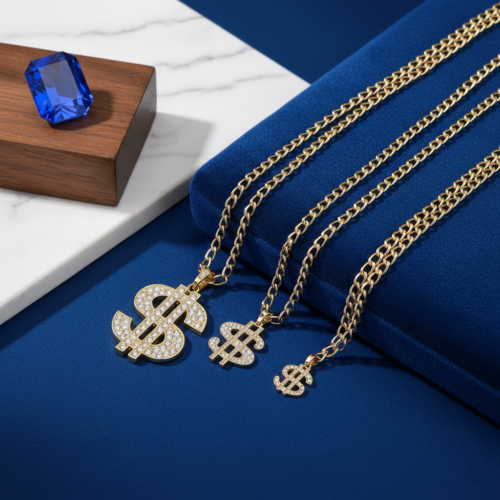 Gold necklaces with dollar sign pendants on a blue surface