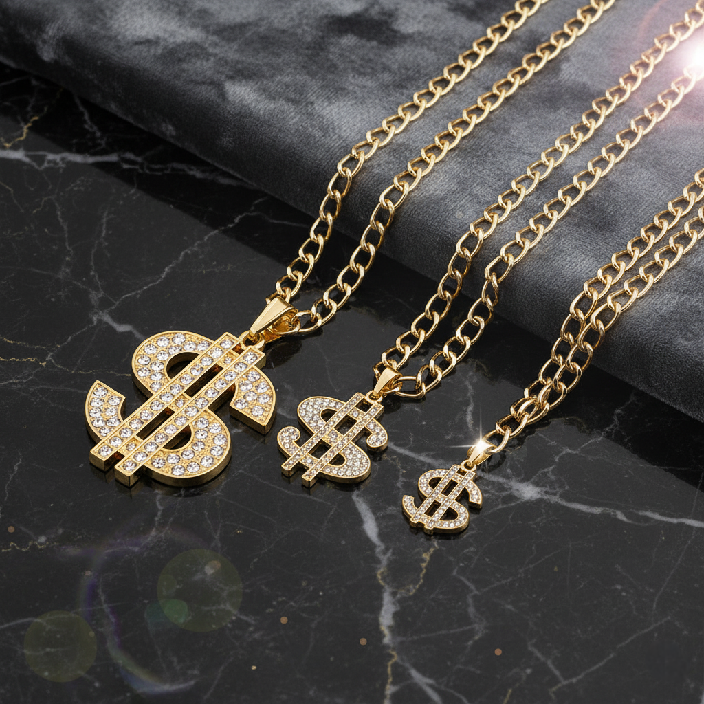 Gold necklaces with dollar sign pendants on a dark marble surface