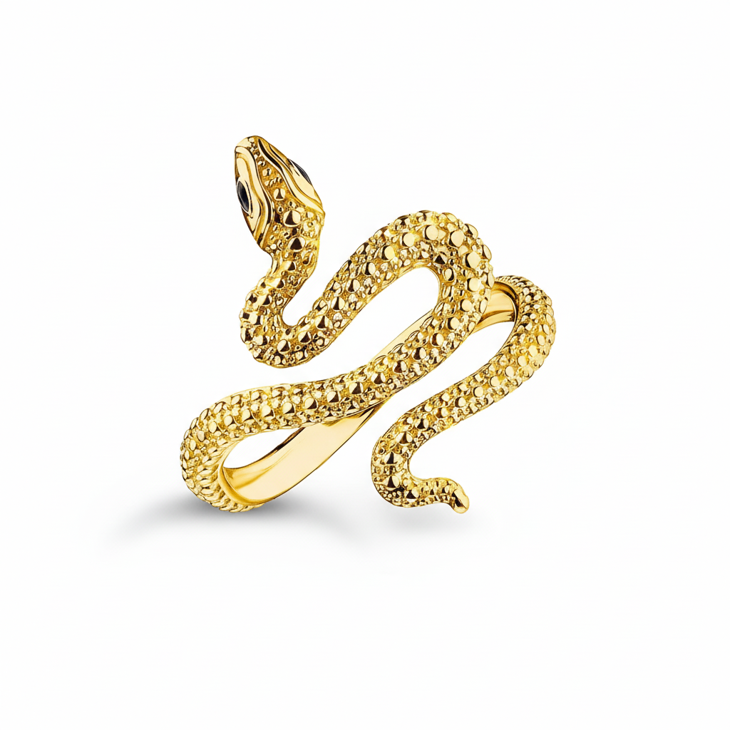 Gold snake-shaped ring on a white background