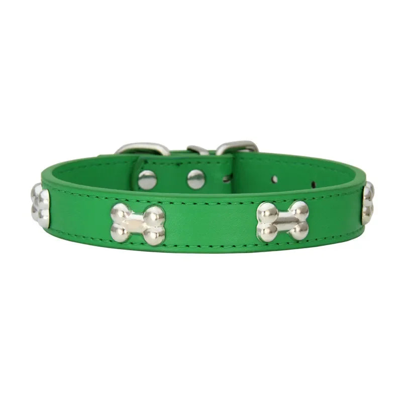 Green dog collar with silver bone-shaped studs on a white background