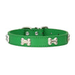 Green dog collar with silver bone-shaped studs on a white background