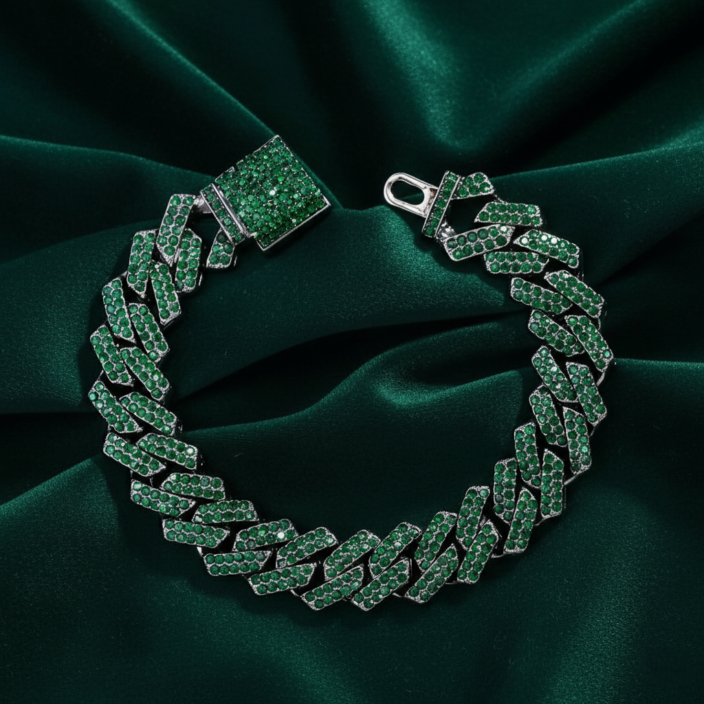 Green gemstone bracelet on a dark green fabric background