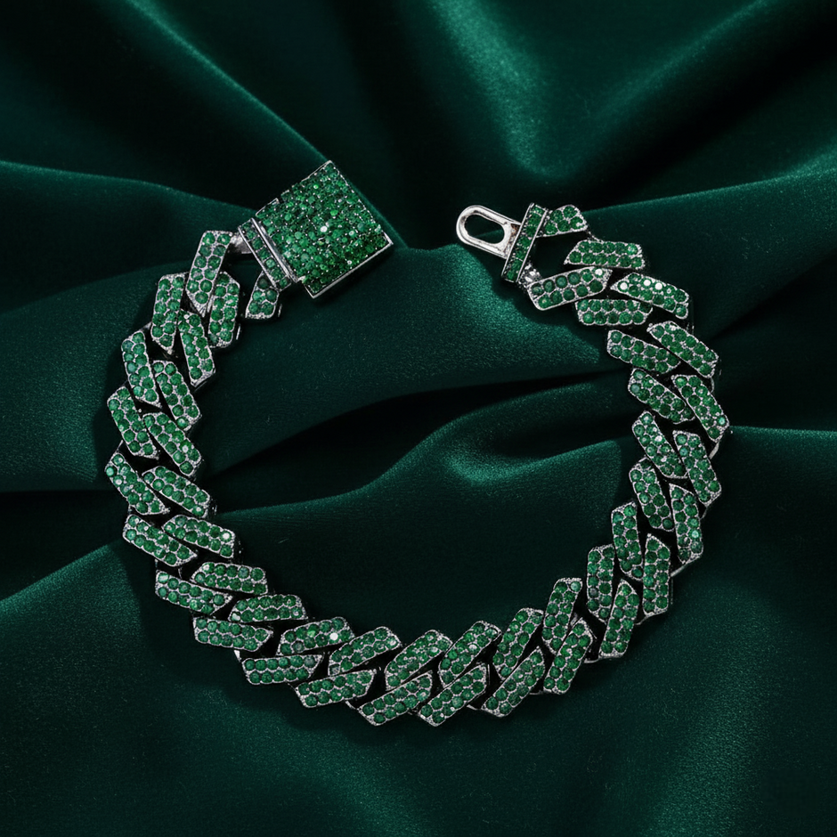 Green gemstone bracelet on a dark green fabric background