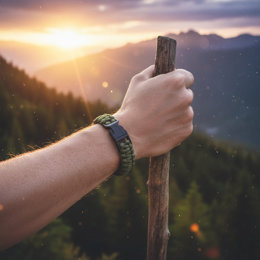 Hand holding a wooden stick with a Green paracord bracelet with a black buckle 