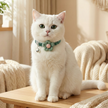 White cat wearing a green collar with a pink flower on a wooden table in a cozy living room.