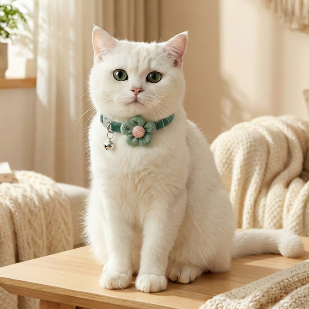 White cat wearing a green collar with a pink flower on a wooden table in a cozy living room.