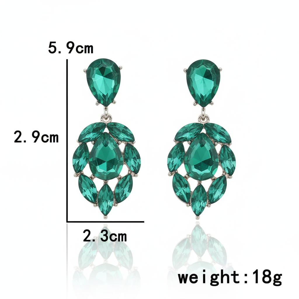Green teardrop earrings with measurements on a white background