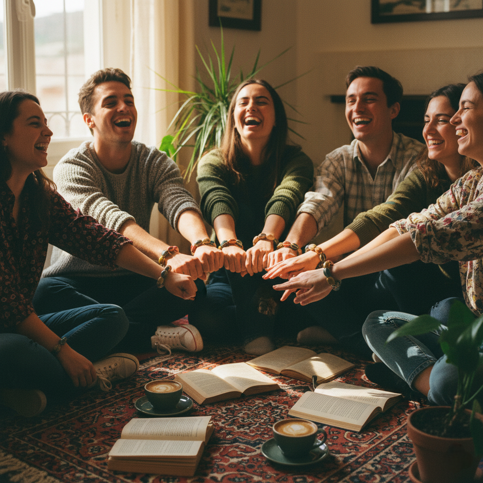 A group of friends sitting together with books and coffee, wearing the same Multicolored beaded bracelet.