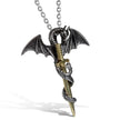 Dragon pendant with sword on a chain against a white background