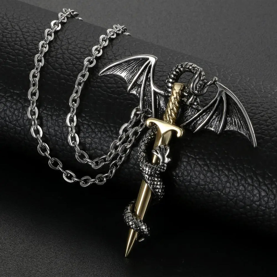 Dragon necklace with a sword pendant on a dark textured surface