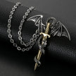 Dragon necklace with a sword pendant on a dark textured surface