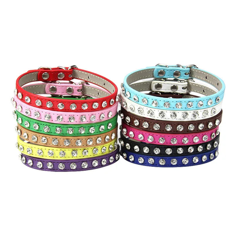 Colorful dog collars with rhinestones on a white background