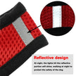 Red dog coat with reflective design and close-up of reflective material.