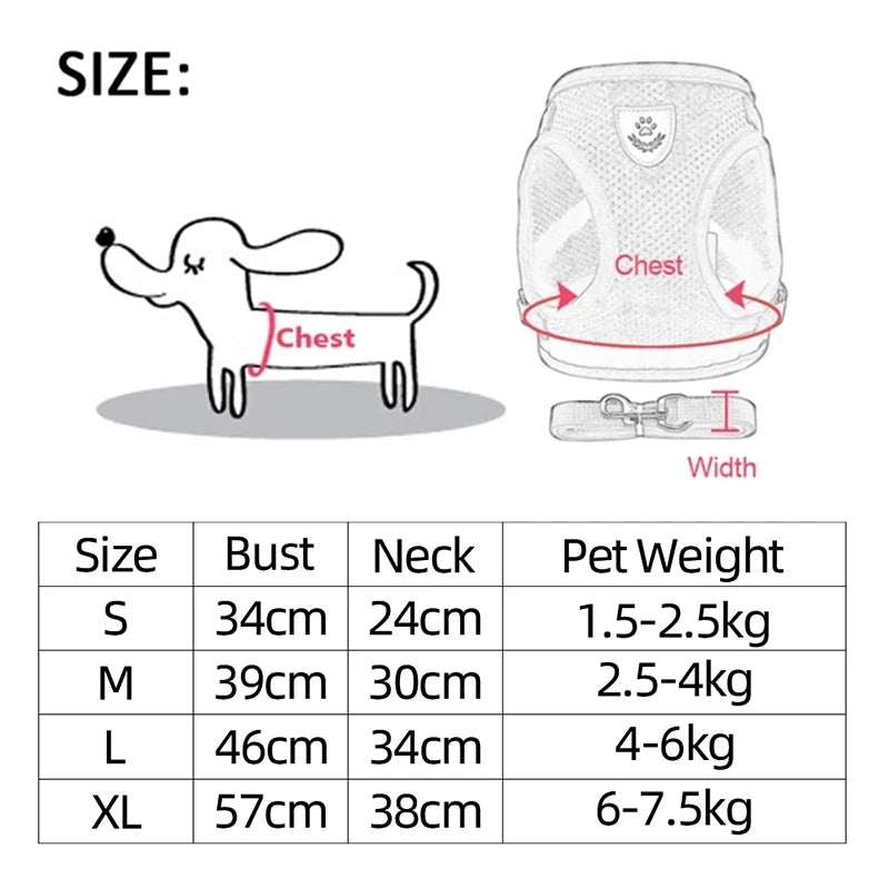 Size chart for a pet product with measurements and weight range.