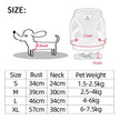 Size chart for a pet product with measurements and weight range.