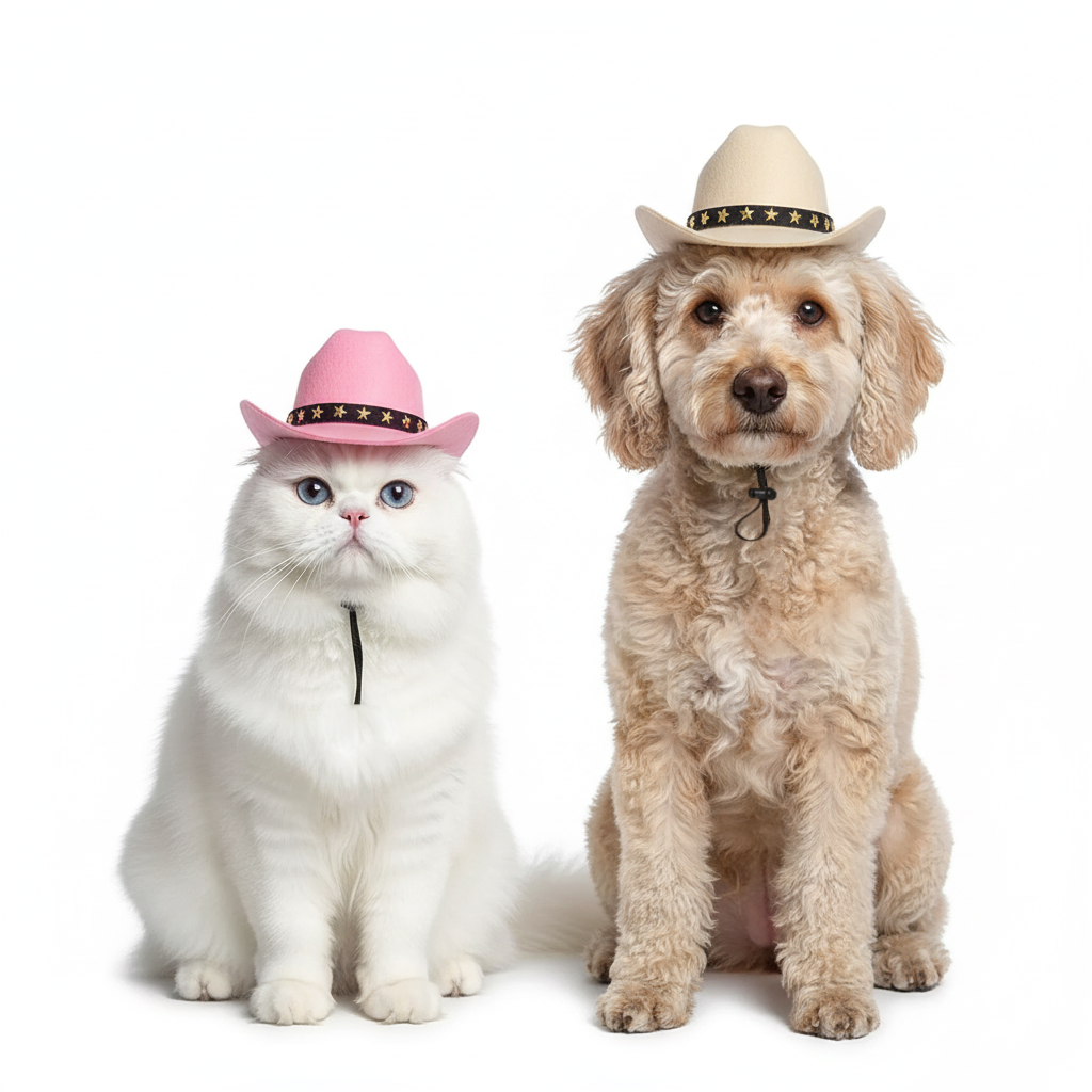 Cat and dog wearing cowboy hats on a white background