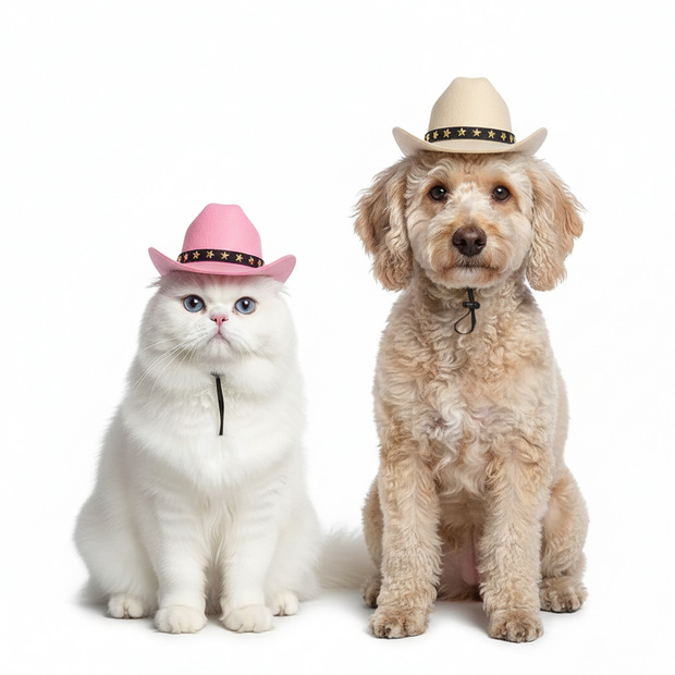 Cat and dog wearing cowboy hats on a white background